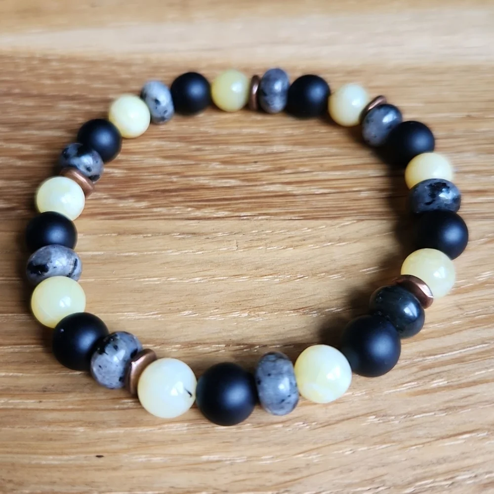 Yellow Opal, Black Onyx & Gray Larvikite Beads Stretch Bracelet, Hand Crafted - Picture 7 of 11